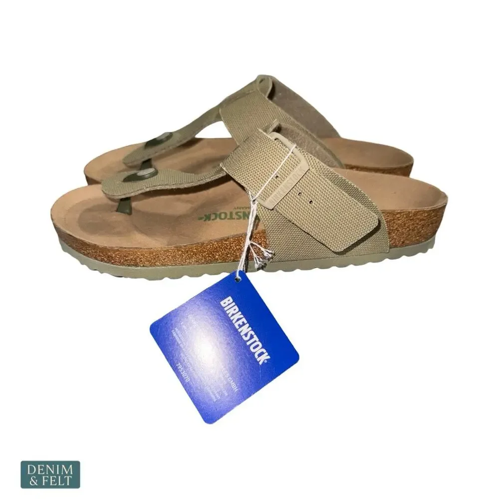 NEW Birkenstock Medina Vegan Faded Khaki Thong Sandals Rivet Logo Cork‎ Footbed